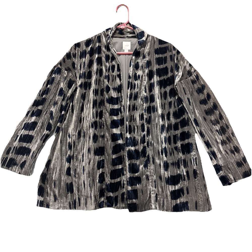 Pure Jill Velvet Textured Open Front Cardigan Lined Abstract Gray Blue Career